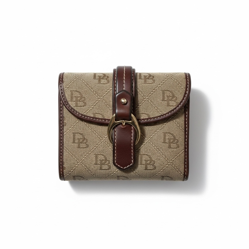 Vintage Dooney and Bourke Brown Leather and Canvas TriFold Wallet, snap closure